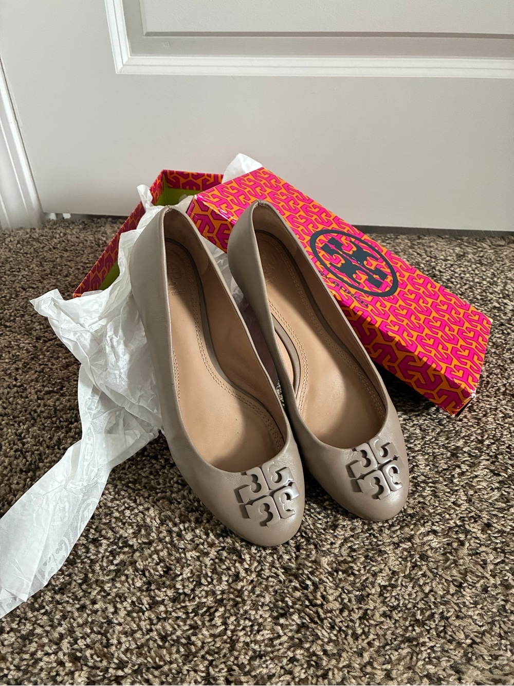 Tory Burch Taupe Leather Logo Ballet Flats